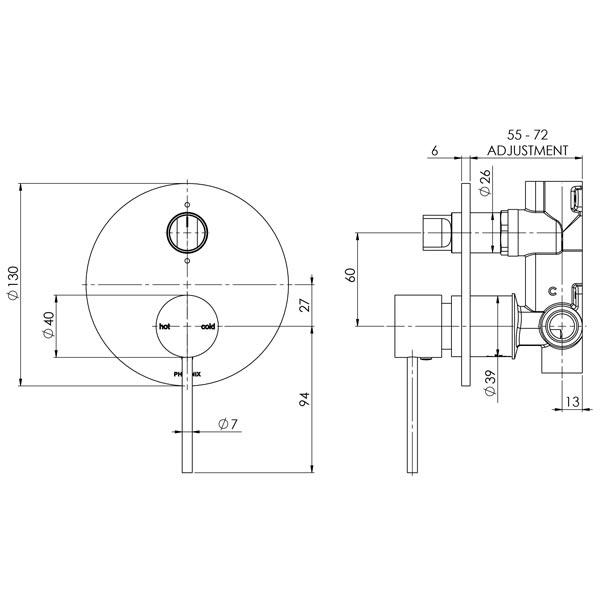 Phoenix Vivid Slimline Shower/Bath Diverter Mixer-Chrome - specs - line drawing and dimensions