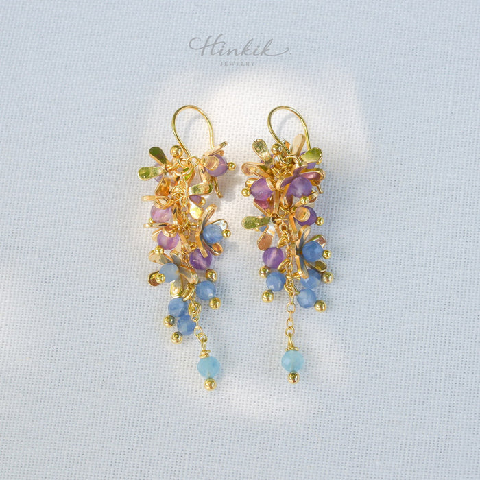 Purple Wreath Flower Earrings | Natural Amethyst, Kyanite & Aquamarine by Hinkik Jewelry