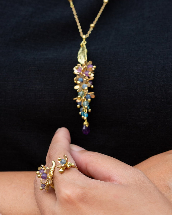 Purple Wreath Flower Necklace | Natural Amethyst, Kyanite & Aquamarine by Hinkik Jewelry