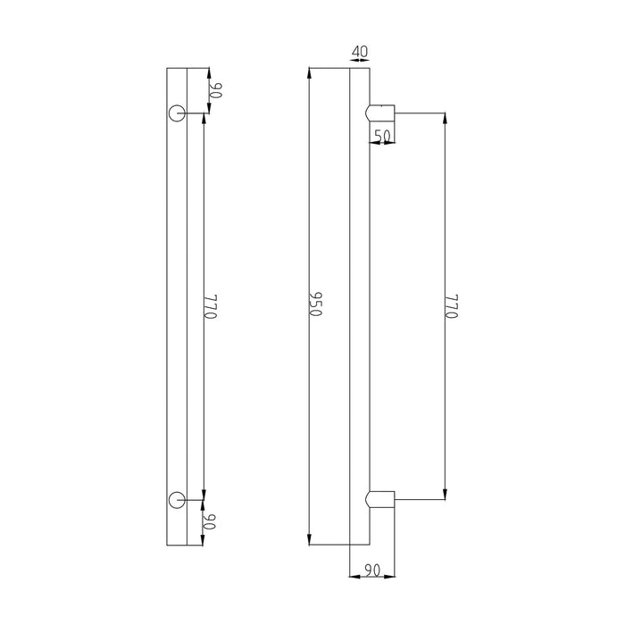 Technical Drawing Radiant Heated Vertical towel rail 40 x 950mm Brushed Satin BRU-VTR-950 - The Blue Space
