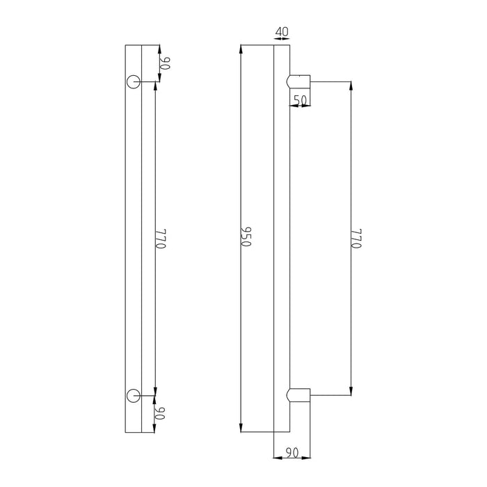 Technical Drawing Radiant Heated Vertical towel rail 40 x 950mm Matt White WH-VTR-950 - The Blue Space