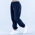 Navy joggers with elastic waistband and tapered ribbed cuffs, side pockets.