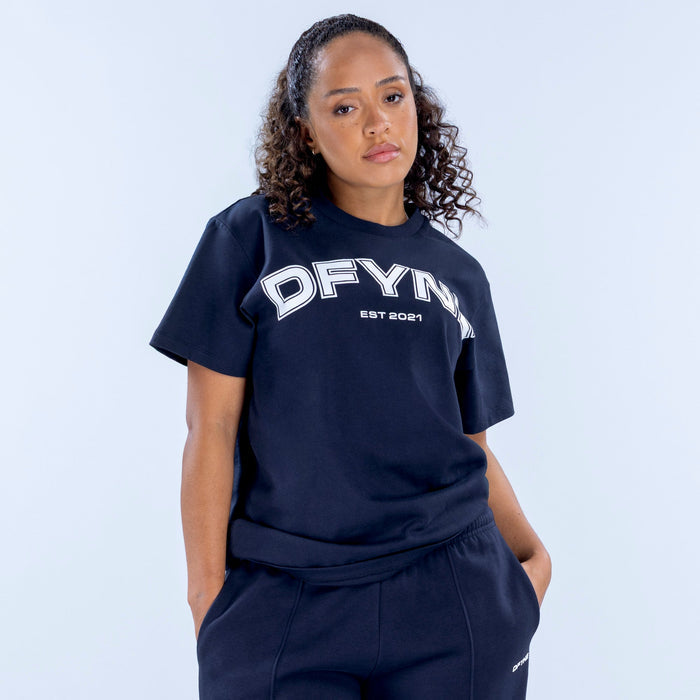 Navy oversized graphic tee with DFYN logo and EST 2021 print, short sleeves