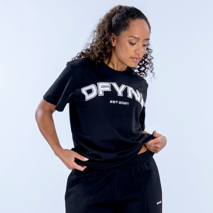 Black oversized graphic tee with front DFYN and EST 2021 print