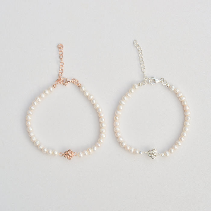 Ruk Flower Charm Bracelet with Genuine Freshwater Pearls | Sterling Silver or Rose Gold-Plated