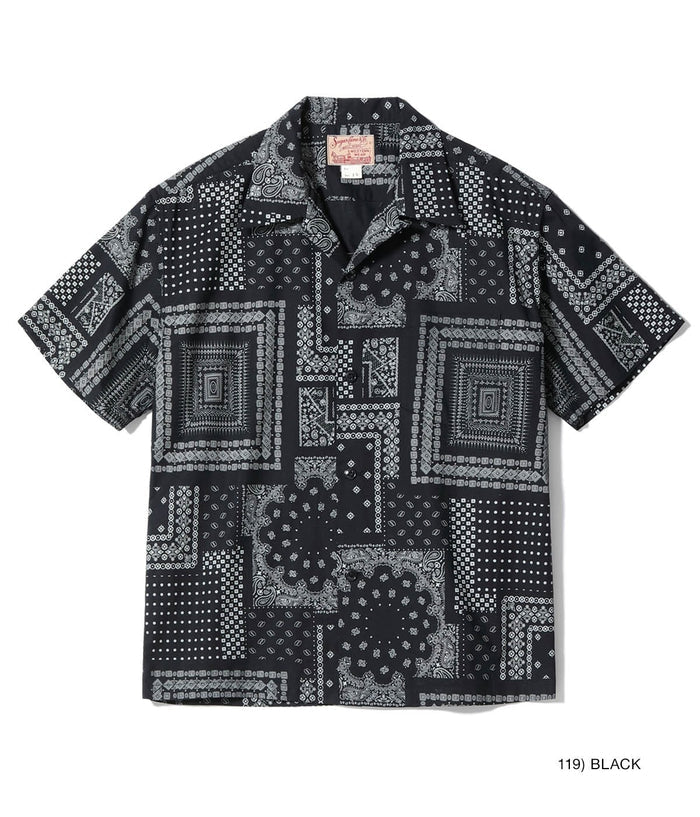 SC39465 NATIVE AMERICAN BANDANA PATCHWORK PRINT OPEN SHIRT - BLACK