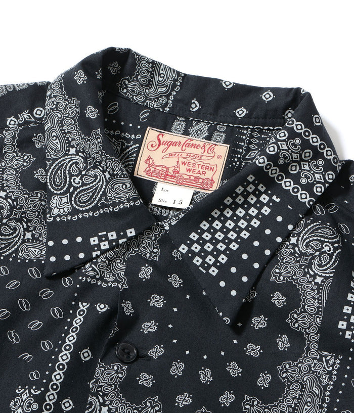 SC39465 NATIVE AMERICAN BANDANA PATCHWORK PRINT OPEN SHIRT - BLACK