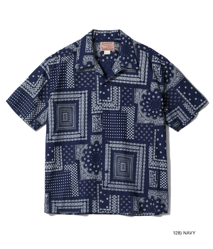 SC39465 NATIVE AMERICAN BANDANA PATCHWORK PRINT OPEN SHIRT - NAVY