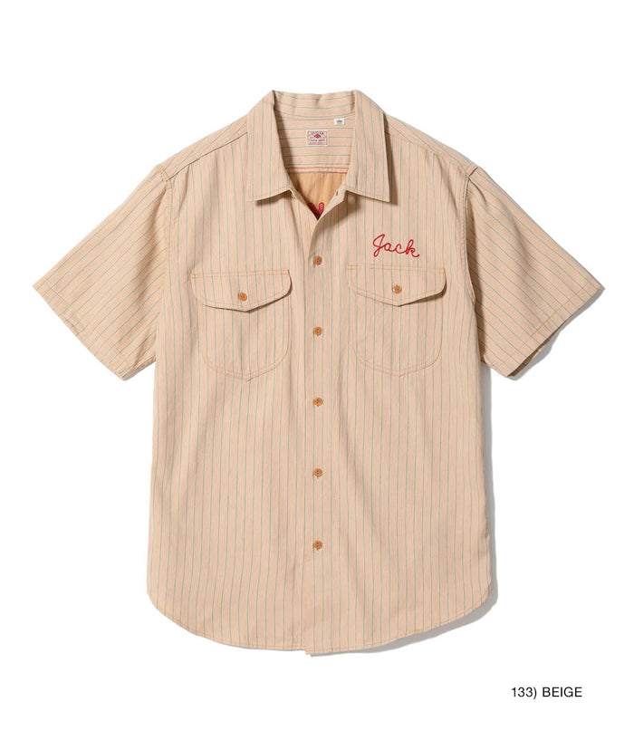 SC39528 COKE STRIPE WORK SHIRT WITH CHAIN EMBROIDERED - BEIGE
