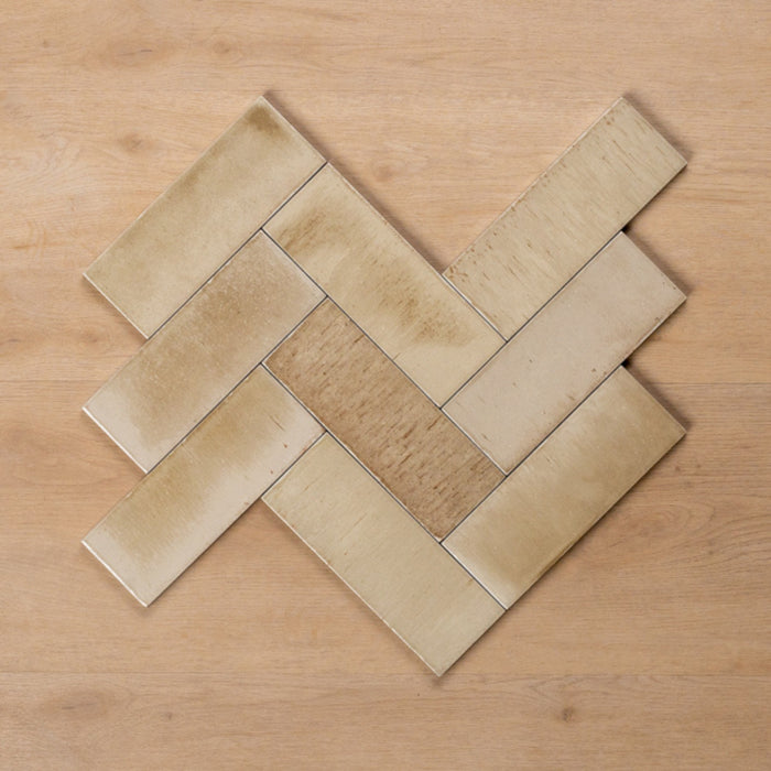 Herringbone Sicily Beige Gloss Bejmat Cushioned Edge Porcelain Tile 75x200mm 720GLEBEG - The Blue Space