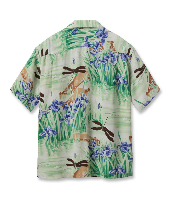 SS39218 RAYON HAWAIIAN SHIRT “IRIS & DRAGONFLY - BROWN