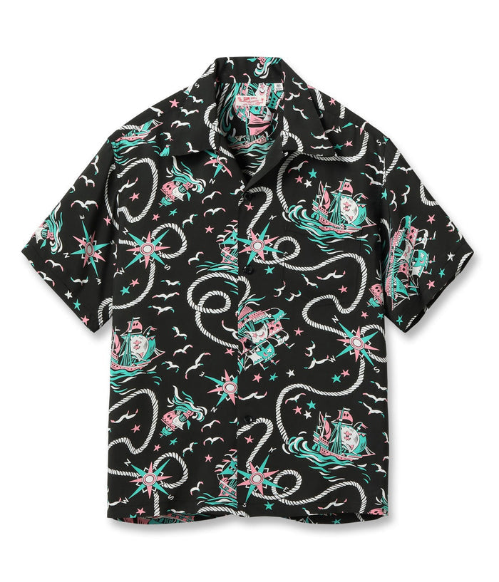 SS39429 RAYON HAWAIIAN SHIRT “AGE OF DISCOVERY” - BLACK