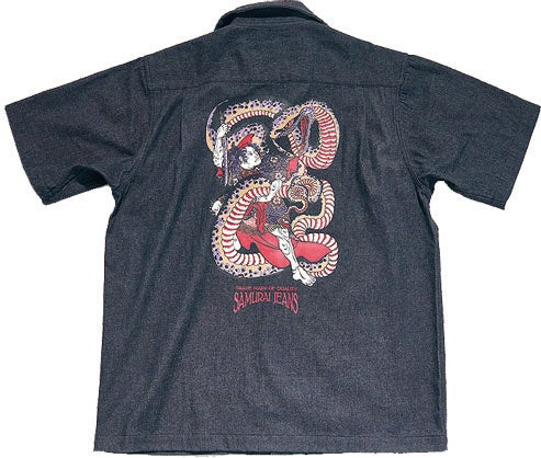 SSA25-02 "MUSHA-E" PRINTED DENIM SHIRT - BLACK