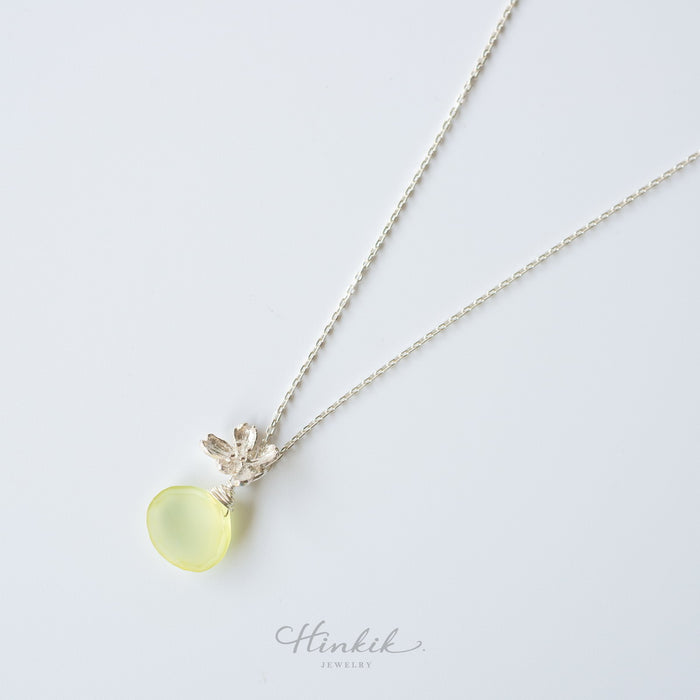 Sterling Silver Necklace with Lemon Chalcedony Drop & Silver Flower
