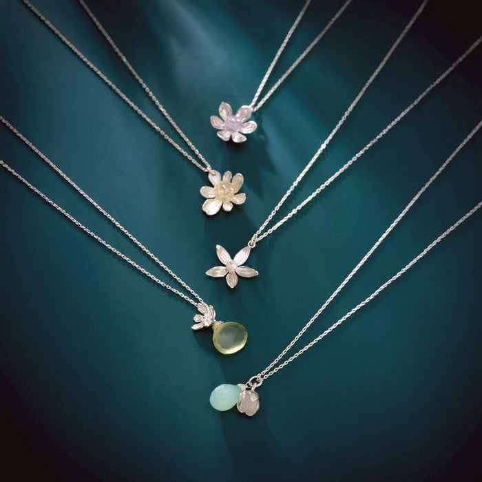 Sterling Silver Necklace with Lemon Chalcedony Drop & Silver Flower