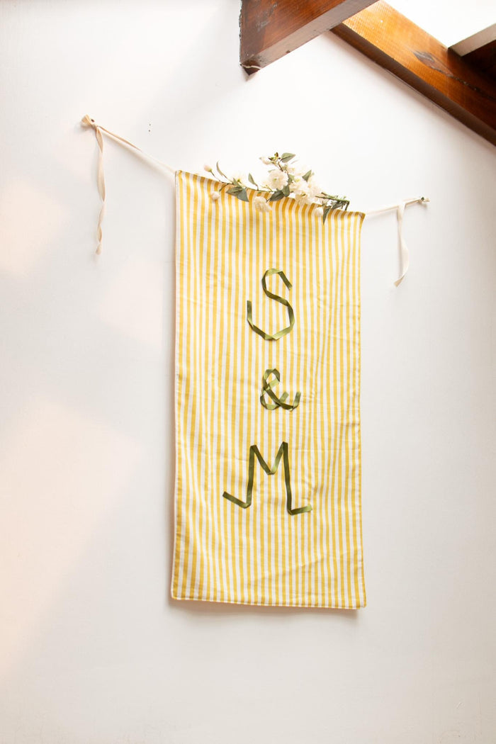 Striped Wedding Initial Banner – Custom Monogram Wall Hanging, Satin Ribbon Lettering, Ceremony Backdrop Decor