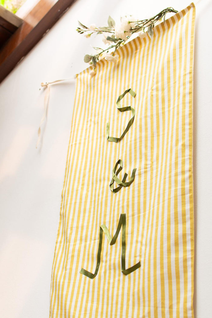 Striped Wedding Initial Banner – Custom Monogram Wall Hanging, Satin Ribbon Lettering, Ceremony Backdrop Decor