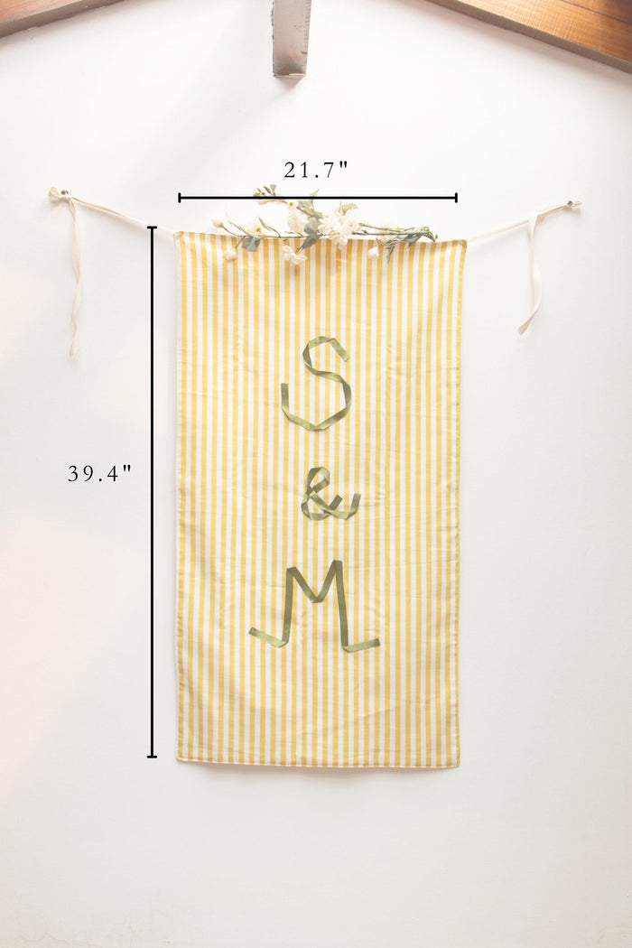 Striped Wedding Initial Banner – Custom Monogram Wall Hanging, Satin Ribbon Lettering, Ceremony Backdrop Decor
