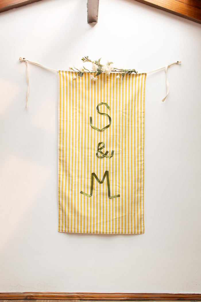 Striped Wedding Initial Banner – Custom Monogram Wall Hanging, Satin Ribbon Lettering, Ceremony Backdrop Decor