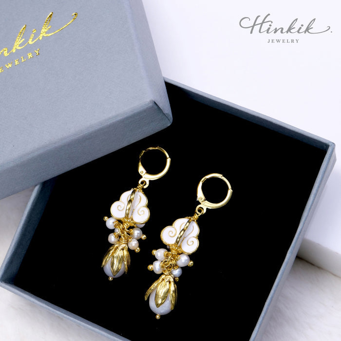 Thai Style Crown Flower Chandelier Earrings with Freshwater Pearls