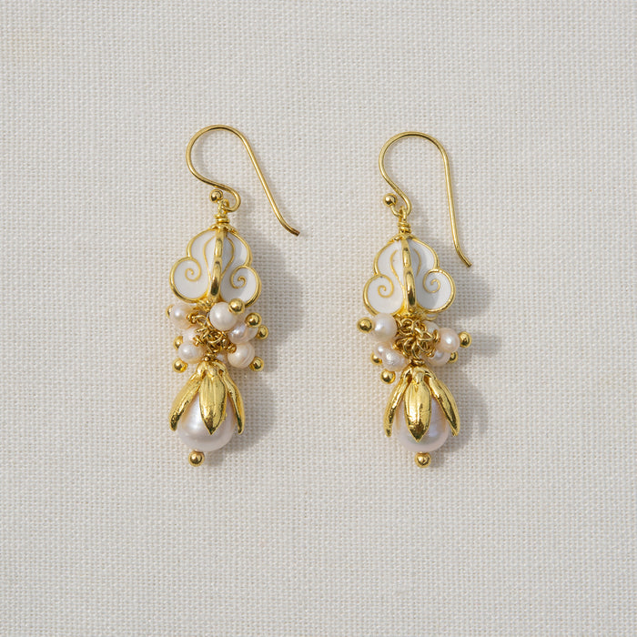 Thai Style Crown Flower Chandelier Earrings with Freshwater Pearls