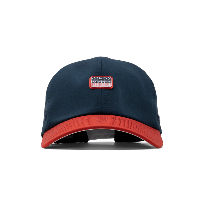 The frontal view of the melin The Legend Americana Hydro Performance Dad Hat in white / red / navy