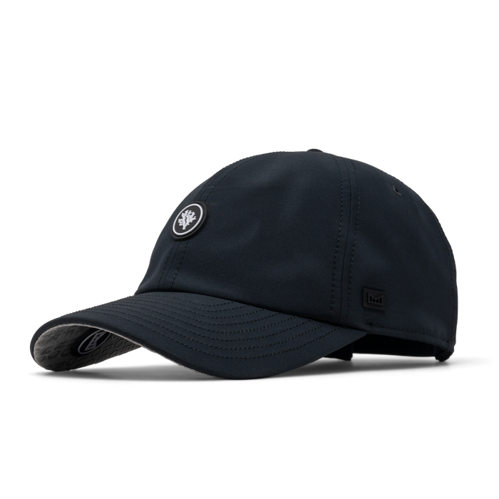 The angled view of the melin The Legend Coral Gardeners Hydro Performance Dad Hat in black