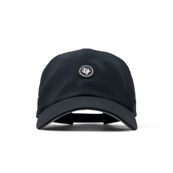 The frontal view of the melin The Legend Coral Gardeners Hydro Performance Dad Hat in black