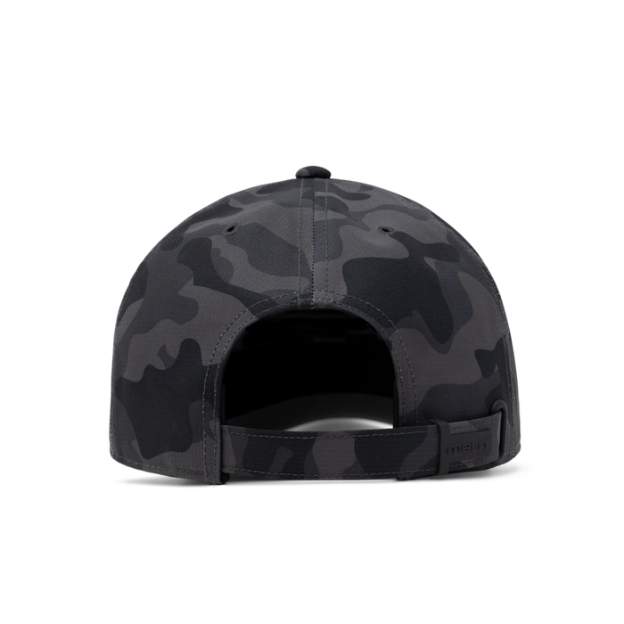 The back view of the melin The Legend Hydro  Performance Dad Hat in  Black Camo