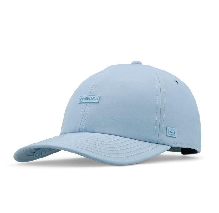 The front, angled view of the melin The Legend Hydro  Performance Dad Hat in  Cashmere Blue