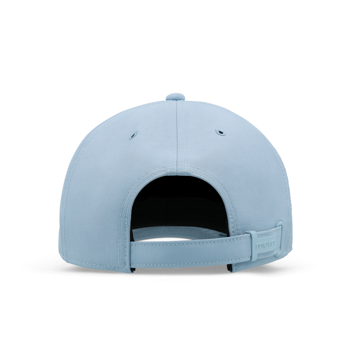 The back view of the melin The Legend Hydro  Performance Dad Hat in  Cashmere Blue