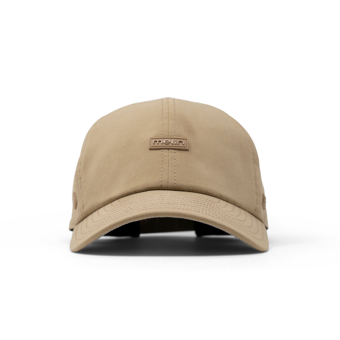 The frontal view of the melin The Legend Hydro Performance Dad Hat in dark khaki
