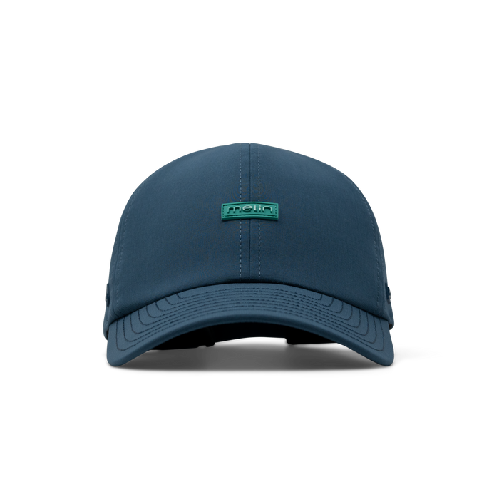 The front view of the melin Performance Dad Hat The Legend Hydro  in Deep Dive