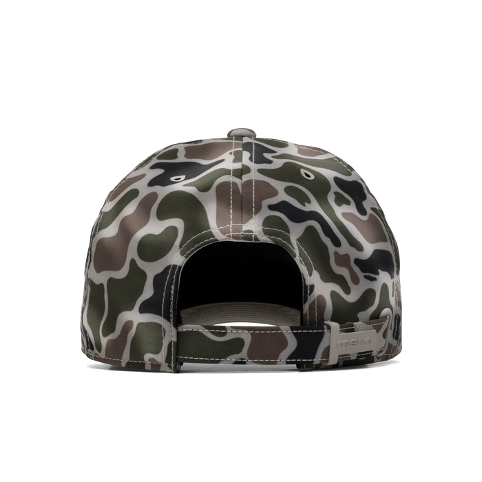 The back view of the melin The Legend Hydro Performance Dad Hat in duck camo