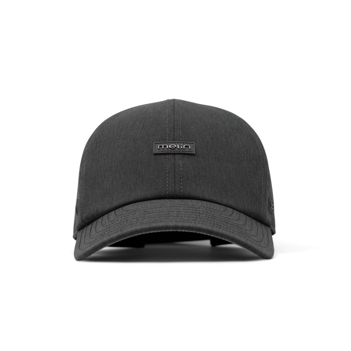 The front view of the melin The Legend Hydro  Performance Dad Hat in  Heather Charcoal