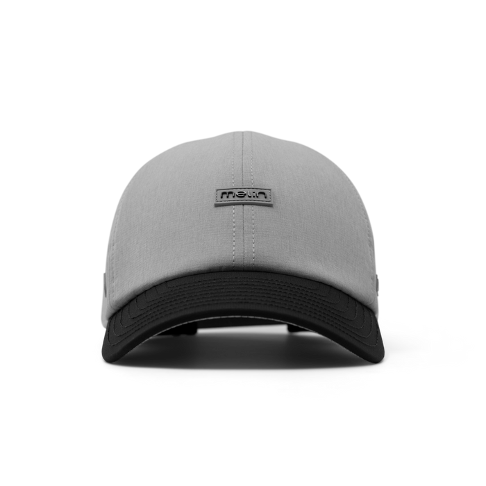 The front view of the melin The Legend Hydro  Performance Dad Hat in Heather Grey / Black