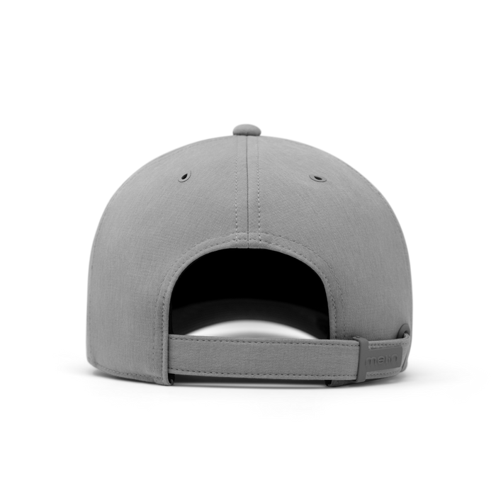 The back view of the melin The Legend Hydro  Performance Dad Hat in Heather Grey / Black