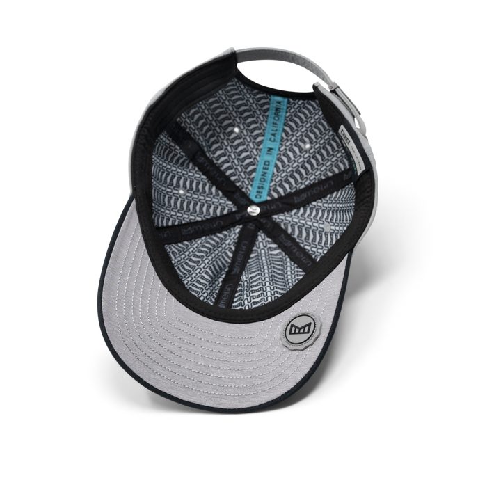 The inside view of the melin The Legend Hydro  Performance Dad Hat in Heather Grey / Black
