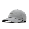 The angled view of the melin The Legend Hydro Performance Dad Hat in heather grey