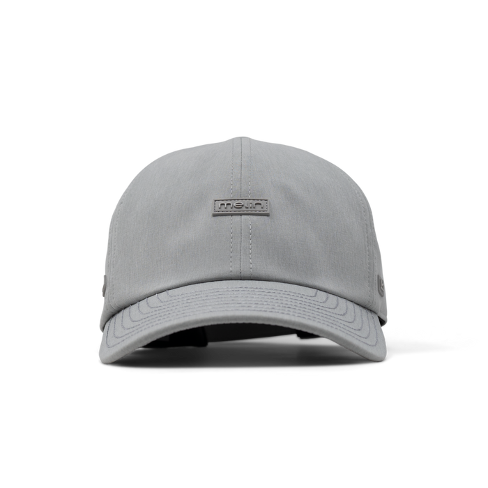 The frontal view of the melin The Legend Hydro Performance Dad Hat in heather grey
