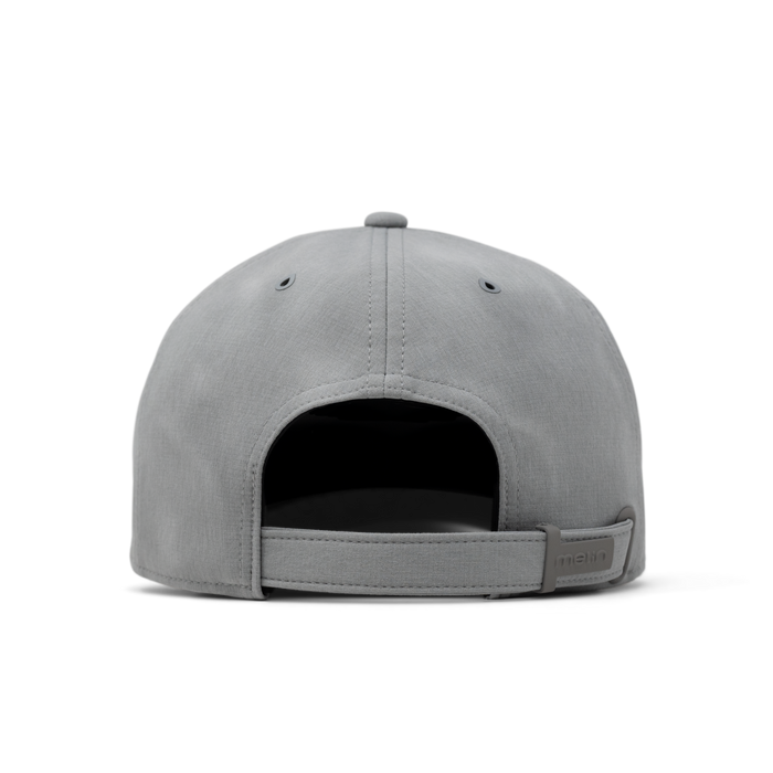 The back view of the melin The Legend Hydro Performance Dad Hat in heather grey