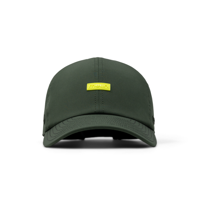 The front view of the melin Performance Dad Hat The Legend Hydro in Kombu Green