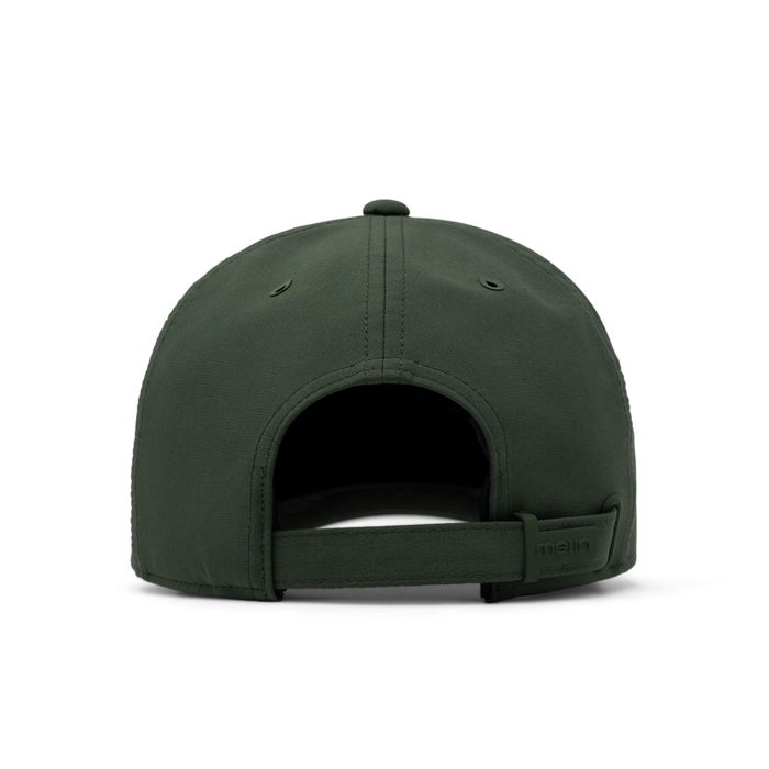 The back view of the melin Performance Dad Hat The Legend Hydro in Kombu Green