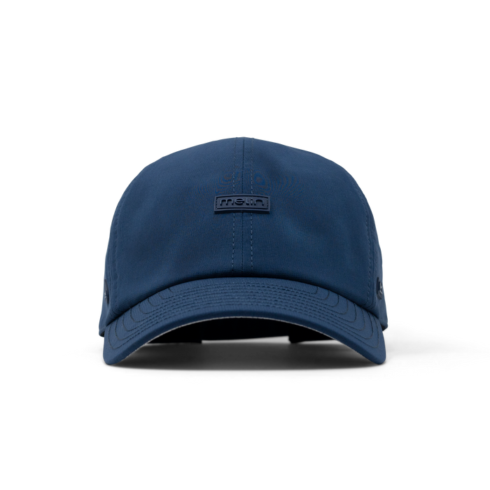 The frontal view of the melin The Legend Hydro Performance Dad Hat in navy