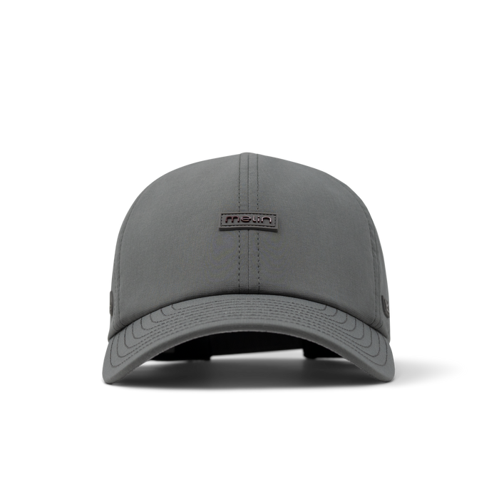 The front view of the melin The Legend Hydro  Performance Dad Hat in  Pewter