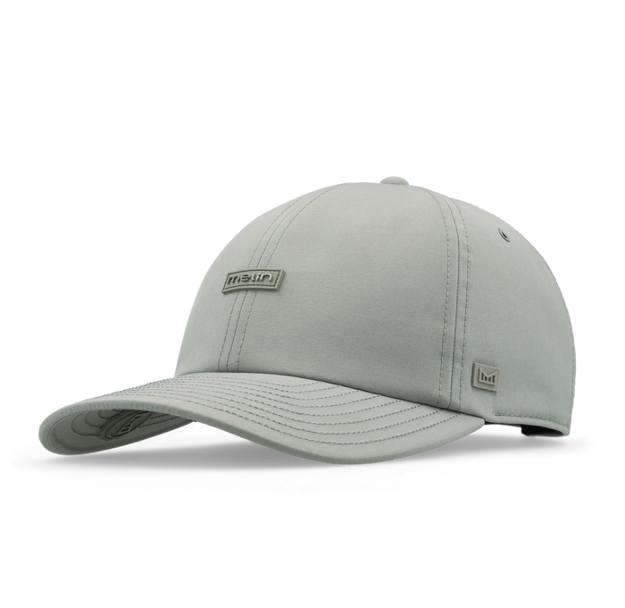 Sage gray baseball cap with embroidered brand logo on front and side patches.