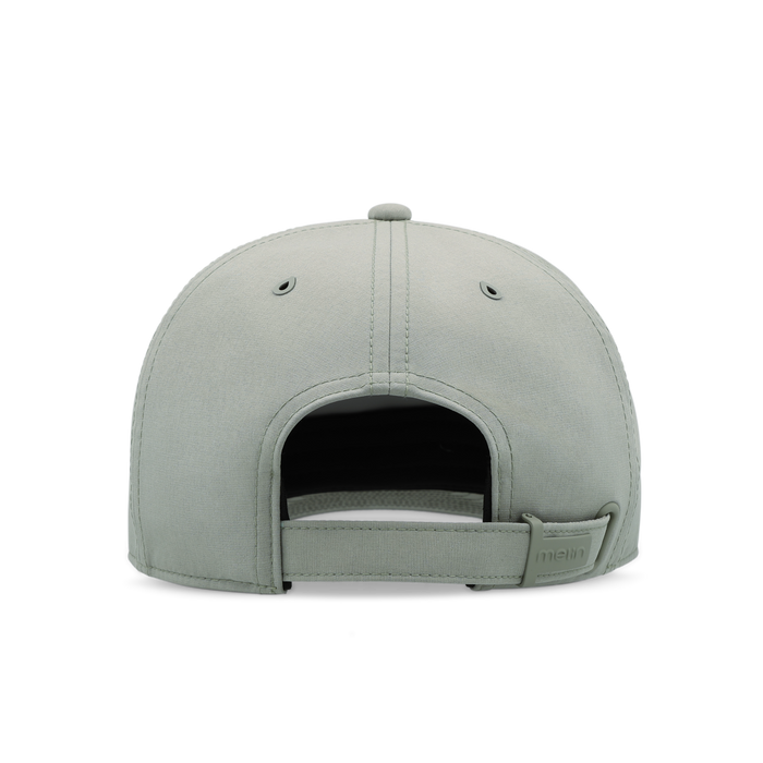 Gray baseball cap shown from back view with adjustable strap closure and embroidered eyelets on crown.