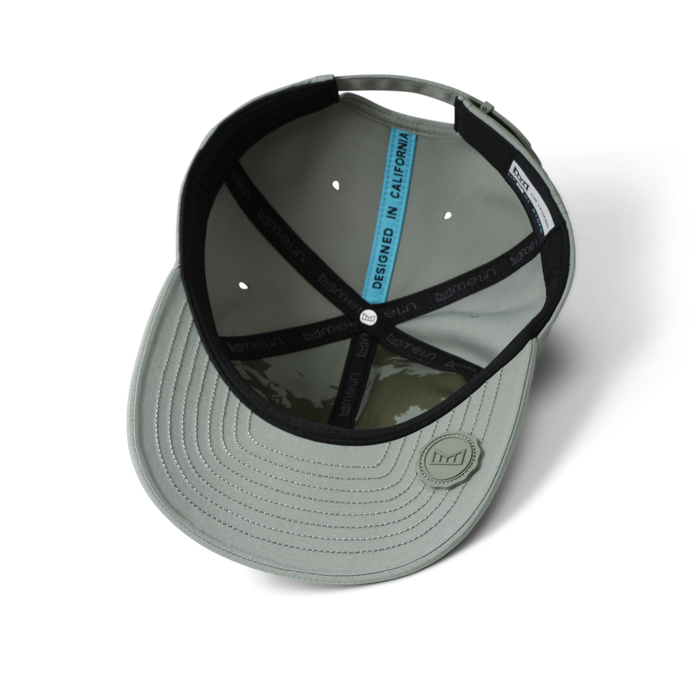 Dark gray and light gray baseball cap with black bill and interior, blue text band, shown from overhead angle.