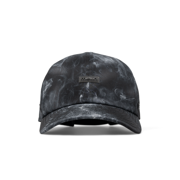 The frontal view of the melin The Legend Hydro Performance Dad Hat in smoke