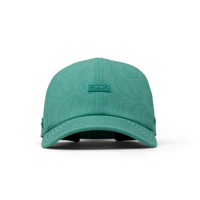 The front view of the melin Performance Dad Hat The Legend Links Hydro  in  Neon Aqua